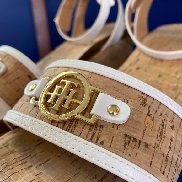 White cork Tommy Hilfiger ankle strap platforms cork wedges heeled sandals Sz 10 - Picture 5 of 13